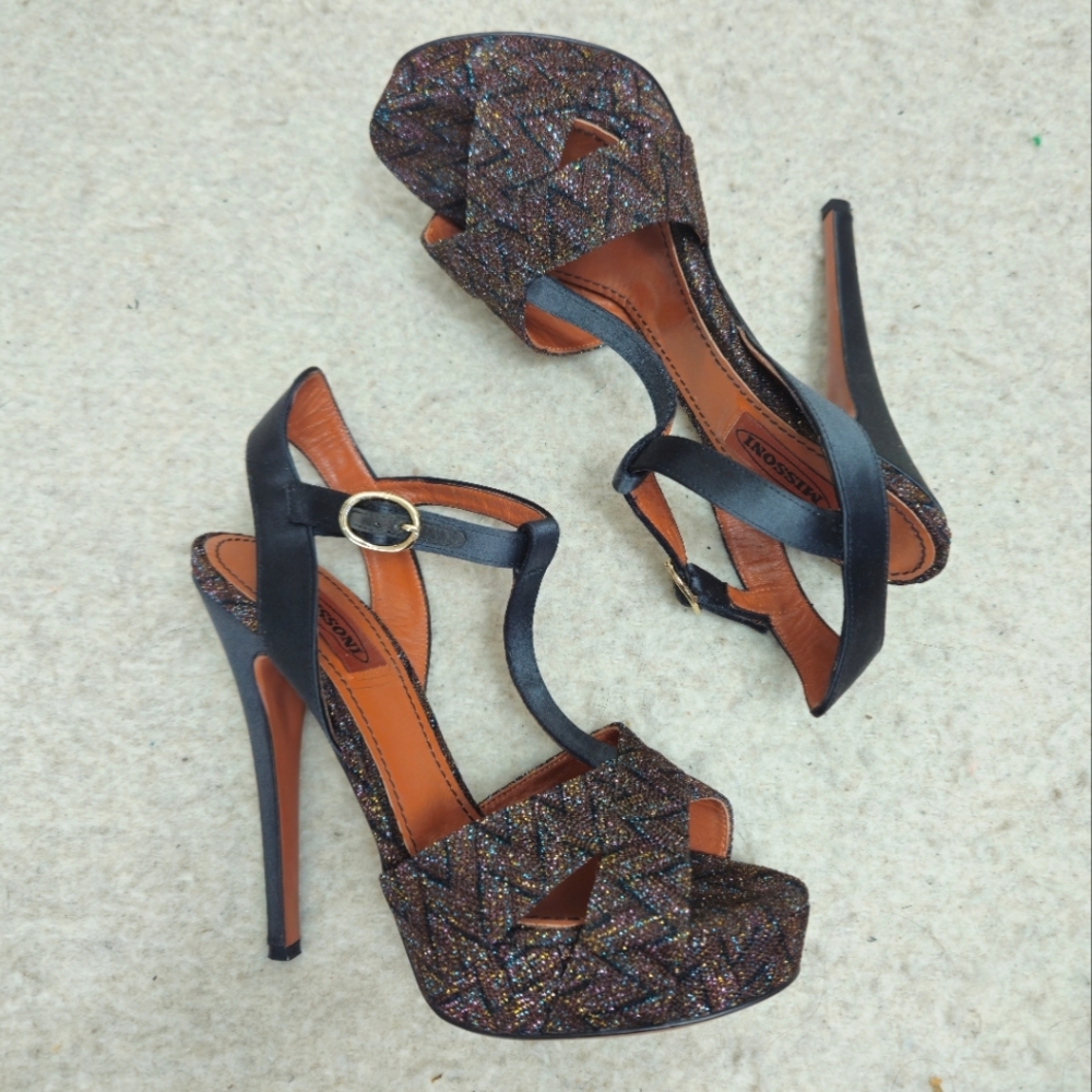 Missoni Tess Lurex Basket Ankle T-Strap  Glitter Platform Heels Black Size 37.5